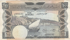 YEMEN DEMOCRATIC REPUBLIC YDR 10 DINARS 1965 1967 P-5 VF SERIES J