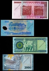 1000 Iraq Dinars, 5 Billion Zimbabwe Dollars, 20000 Vietnam Dong, 2000 Indonesia