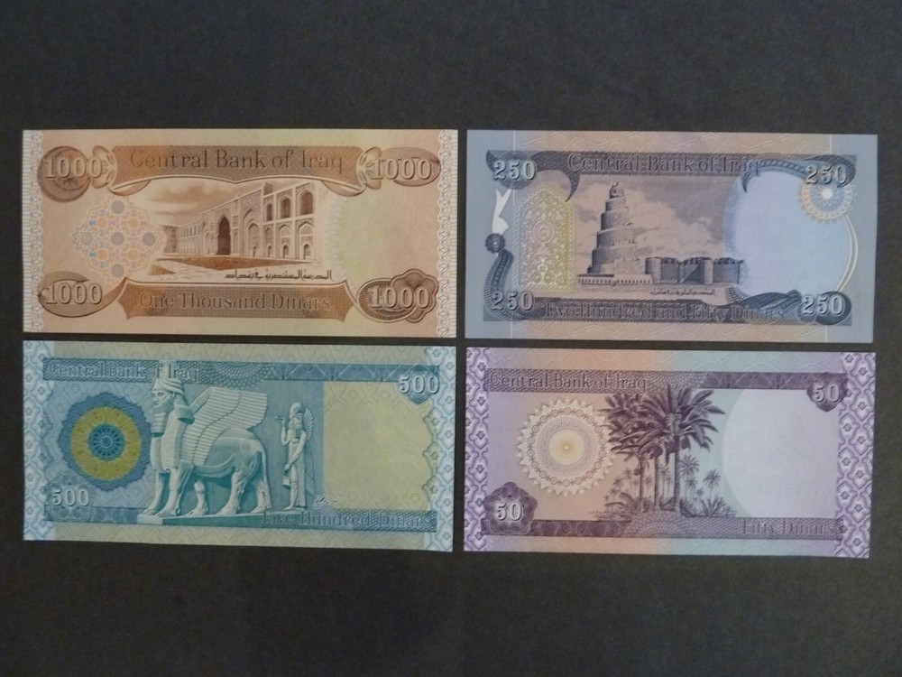 1000, 500, 250, 50 IRAQ DINAR BUNDLE = 1800 Unc. Lot Of 4 Notes Iraqi Money