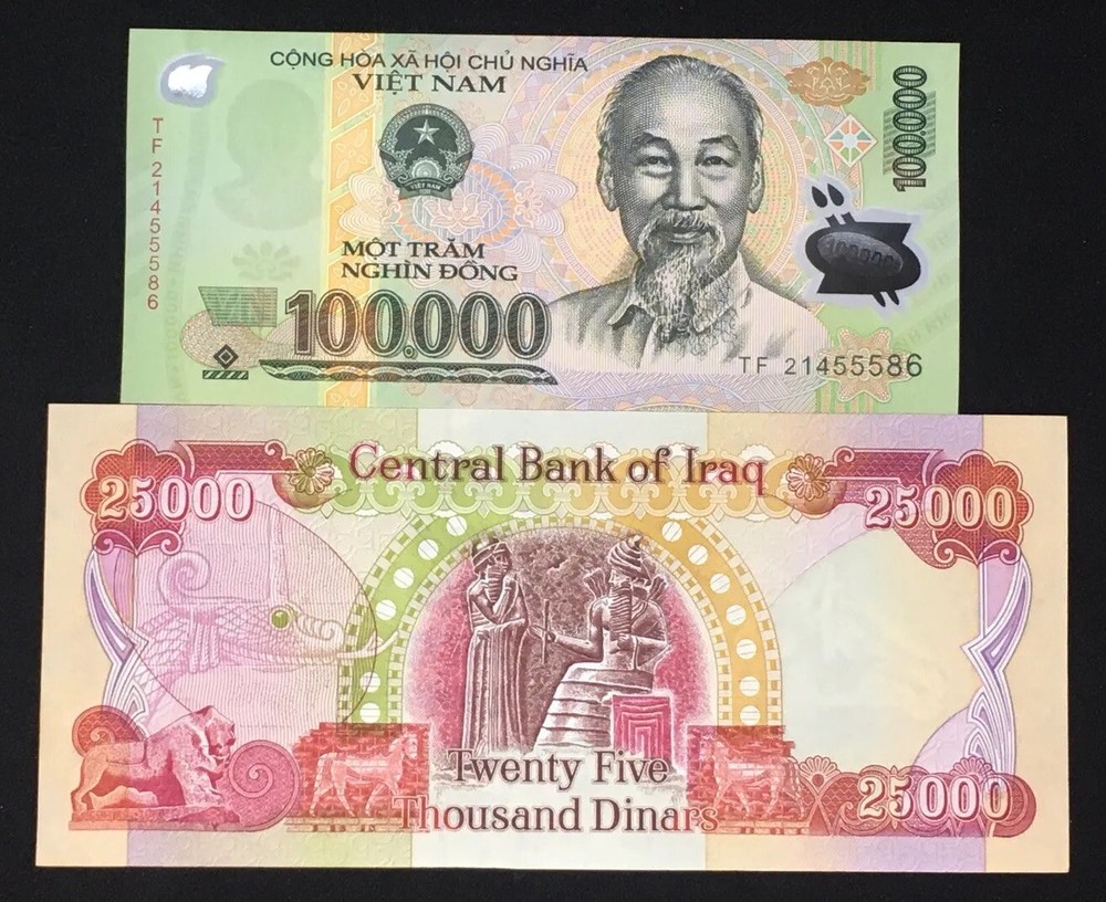 25,000 Iraqi Dinar + Free 100,000 Vietnam Dong UNC Banknotes 1-PCs