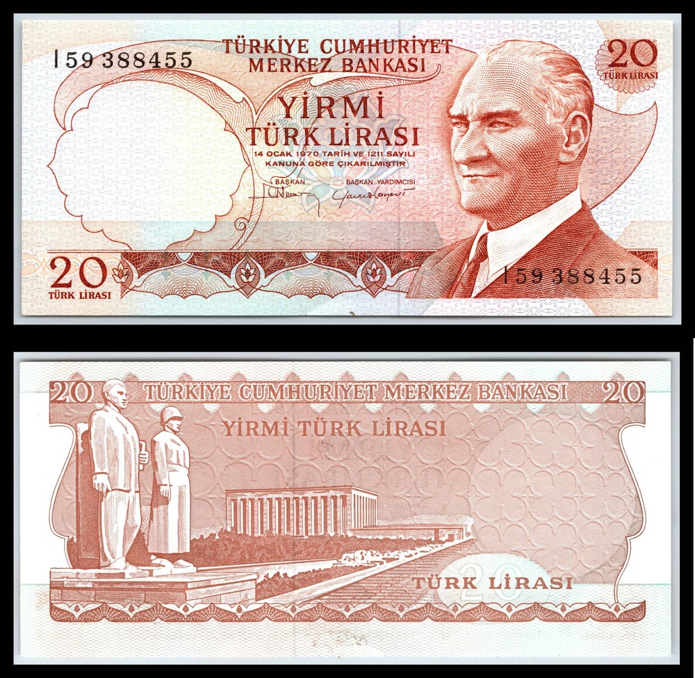 1966 Turkey 20 Twenty Lirasi Mustafa Kemal Atatürk AUNC