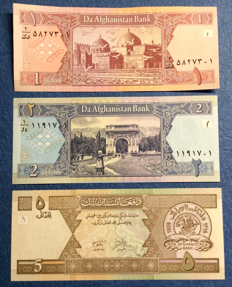 AFGHANISTAN,SET OF 3 BANK NOTES, 1,2 & 5 AFGHANI,P-64,P65,P66,FREE S/H FROM USA”