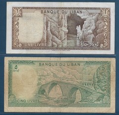 Lebanon 1 5 Livres Lot, 1968, P 61a 62b, XF VF-