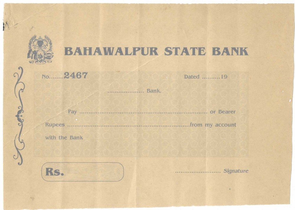 JN Bahawalpur State Bank unused cheque form pre-partition India Pakistan era
