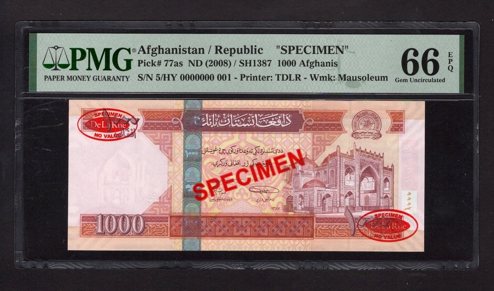 Afghanistan 1000 Afghanis ND(2008)/SH1387 P77as “Specimen N.001” UNC G66 Top Pop