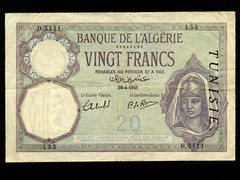 Tunisia:P-6b,20 Francs 1941 * French Rule * RARE *