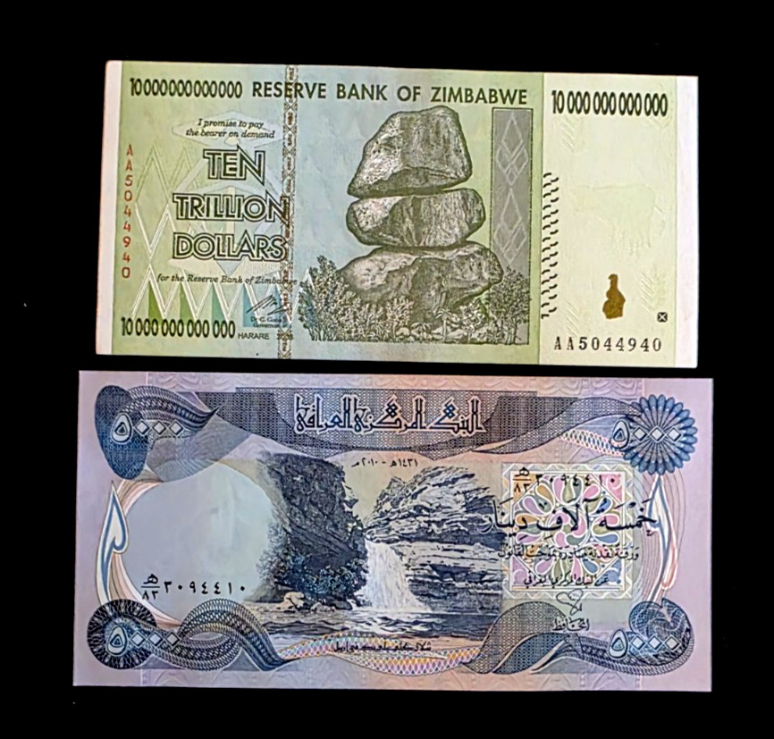 2 banknotes- 1 x Iraq 5000 (5,000) Dinars &1 x Zimbabwe 10 Trillion Dollars