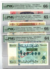 1999 Lebanon Specimen Full set 5000 20000 50000 100000 Lira Banknote PMG Graded