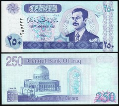 Iraq Saddam 250 Dinar 2002, UNC, 10 Pcs LOT, P-88,Watermark with Security Thread