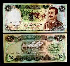 25 DINARS 1982-1986, P-72, P-73 FINE USED IRQ ARABIAN HORSES SADDAM BANKNOTE