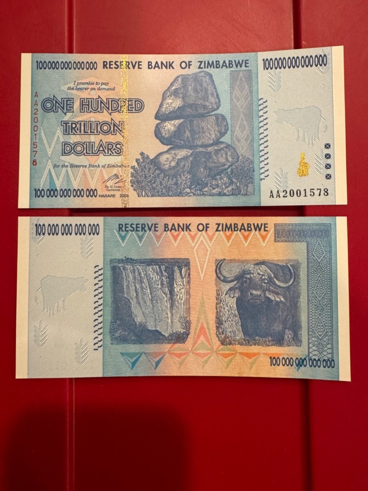 2 X Authentic Zimbabwe 100 Trillion Dollars, CIRCULATED Currency, AA/2008, P-91