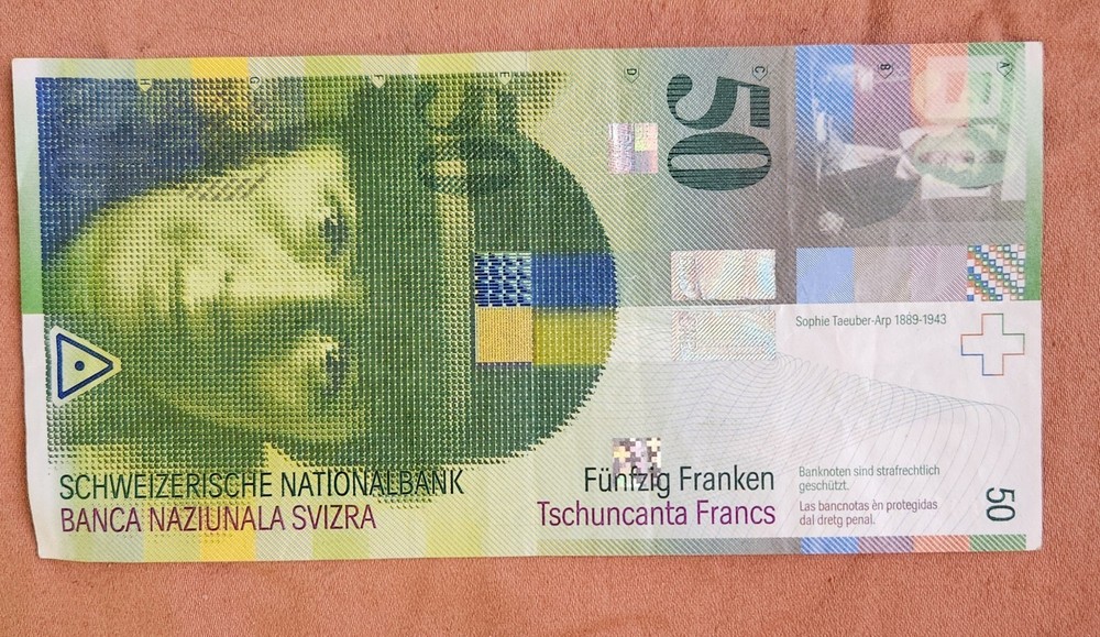 Vertical BANKNOTE 50 SWISS FRANCS Franken Sophie Taeuber-Arp Good Used w Creases