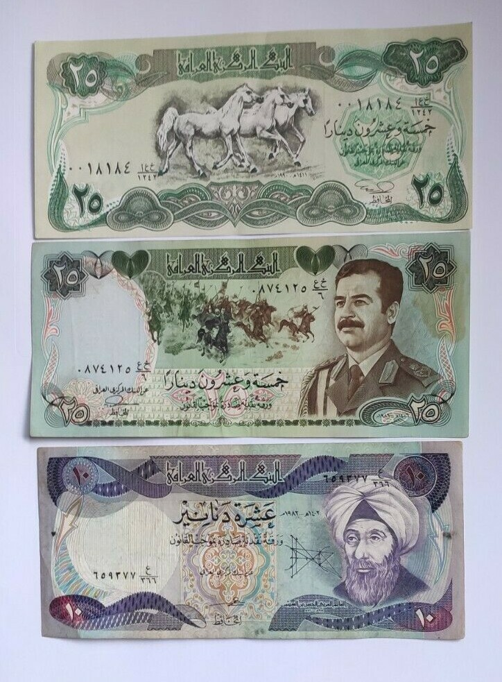3 large size Iraqi Dinar(25,25, 10) in very fine condition ( see description)