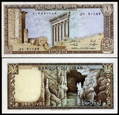 LEBANON 1 LIVRE 1980 P 61 UNC Columns of Baalbek Jeita Cavern