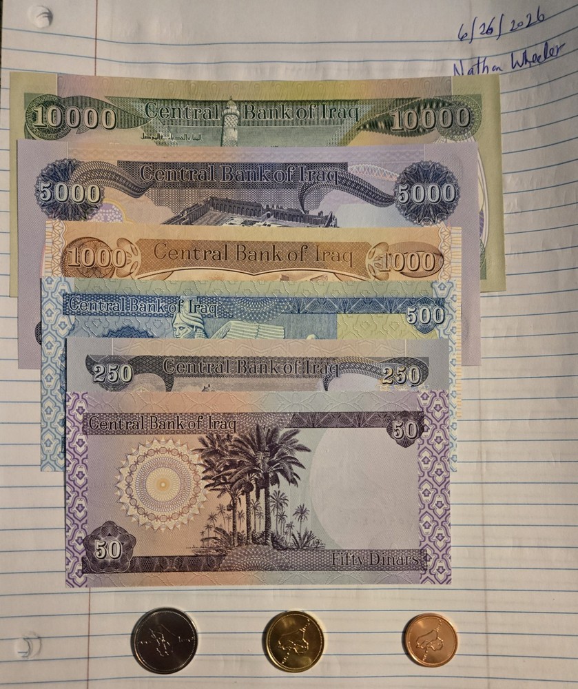 Uncirculated Iraqi Dinar Notes – 10,000 + 5,000+1,000+500+250+50 Notes + 3 Coins