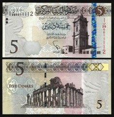 Banknote – 2015 Libya, 5 Dinar P81 UNC, Ottoman Clock Tower(F) Temple of Zeus(R)