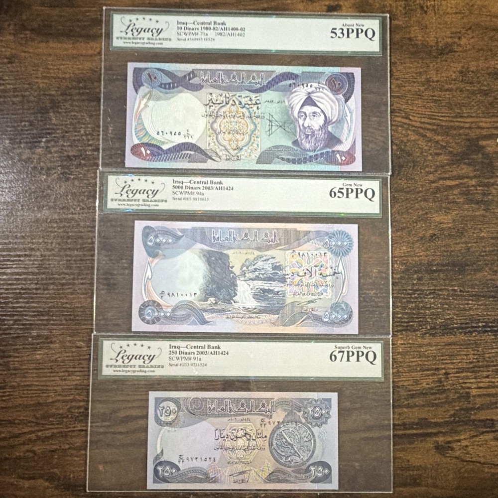 Iraq Banknotes 1980 10 Dinar & 2003 250 & 5000 Dinar (PMG 53, 65, 67)