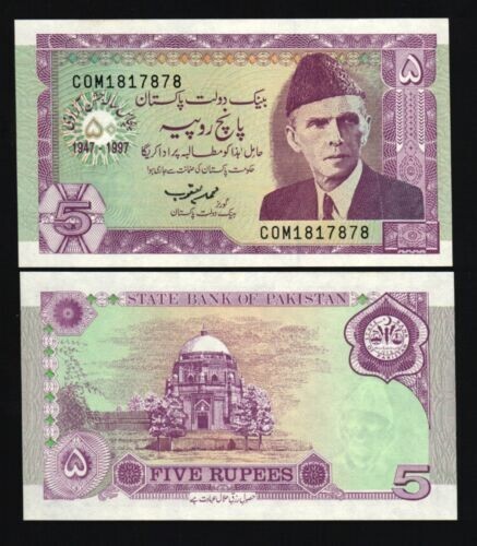 Pakistan 5 RUPEES P-44 50th Golden Jubilee 1947-1997 Commemorative UNC Pakistani