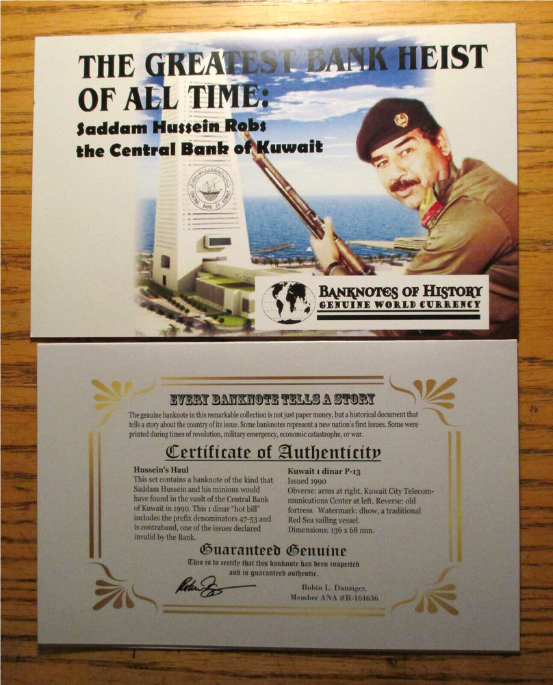 KUWAIT- AH1411=1990AD-1 DINAR IRAQI LOOTING CONTRABAND NOTE-FOLDER &COA P13 KTC