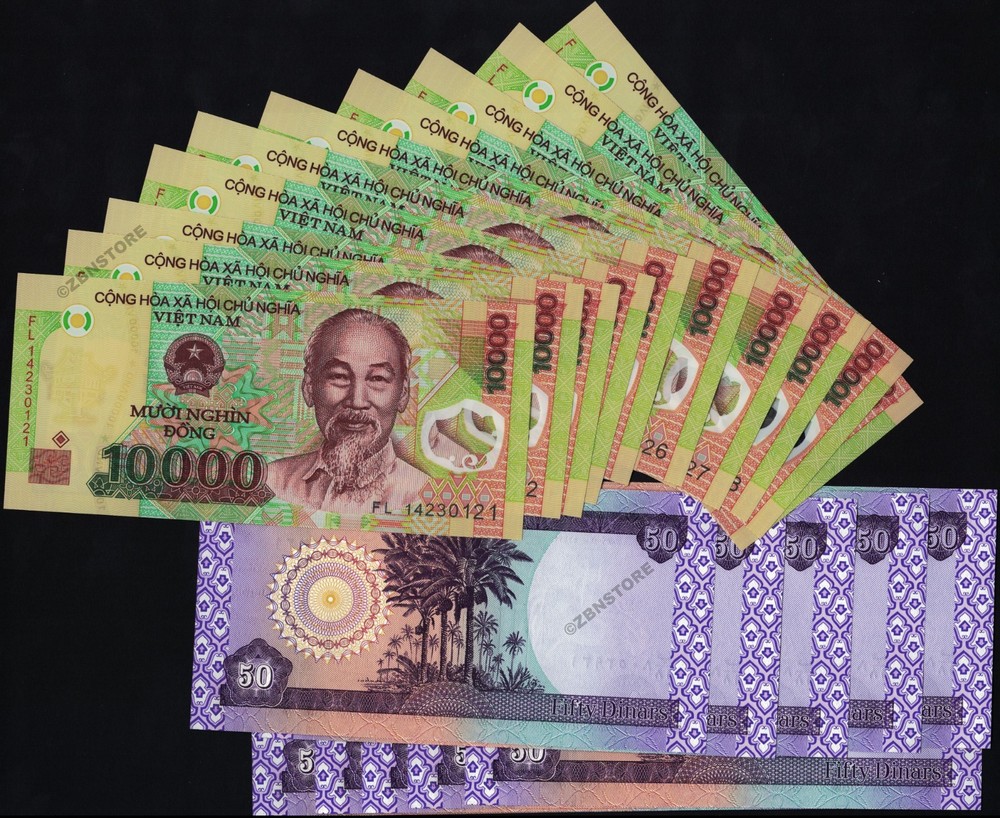 10 x 10,000 Vietnam Dong Banknotes VND 10 x 50 Dinars Iraq Currency Uncirculated
