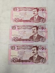 Lot of 3 Iraq 5 Dinars 1992 Gulf War Emergency Issue Saddam Hussein Banknote