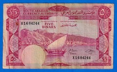South Yemen 5 Dinars 1965 P-4b Circulated Note – Aden, Dhow, Date Palm X1684244