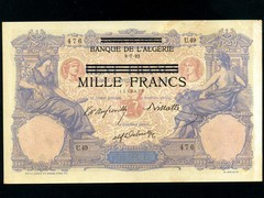 Tunisia:P-31,1000 Fr. on 100 Fr. 1941-2 * French Rule * PROVISIONAL ISSUE * AU *