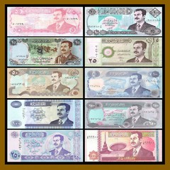 Iraqi 5 10 25 50 100 250 10000 Dinars (10 Pcs Saddam Era Set), 1986-2002 Unc