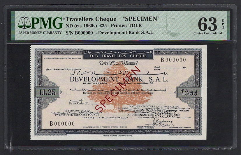 Lebanon 25 Lira ND(1960) “Travellers Cheque Specimen” Uncirculated Grade 63