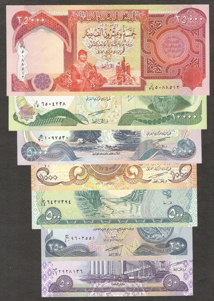 Full Set 7 Pcs Iraq 50 250 500 1000 5000 10000 25000 Dinars Random Year UNC