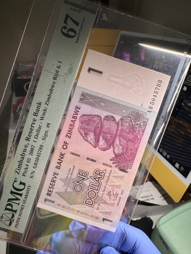 PMG Zimbabwe One 1 Dollar Banknote, SUPERB Gem UNC, EPQ 67, AB/2007, P-65