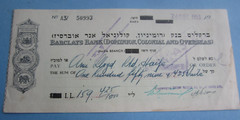 1953 – Socony Oil Co. of ISRAEL – HAIFA – BANK CHECK – Barclay’s Bank w/ STAMP