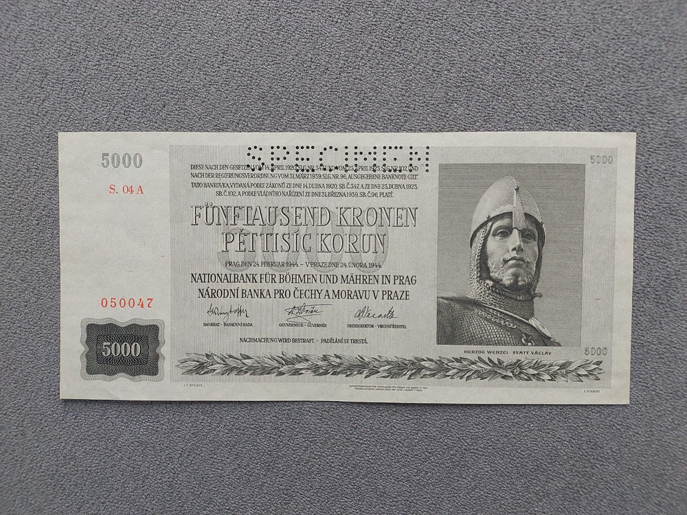 BOHEMIA & MORAVIA 5000 Kronen/Korun 1944 SPECIMEN UNC