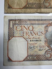 Algeria 5 Francs Banknote 1941 (LOT OF 2) Banque de l’Algérie (Circulated)