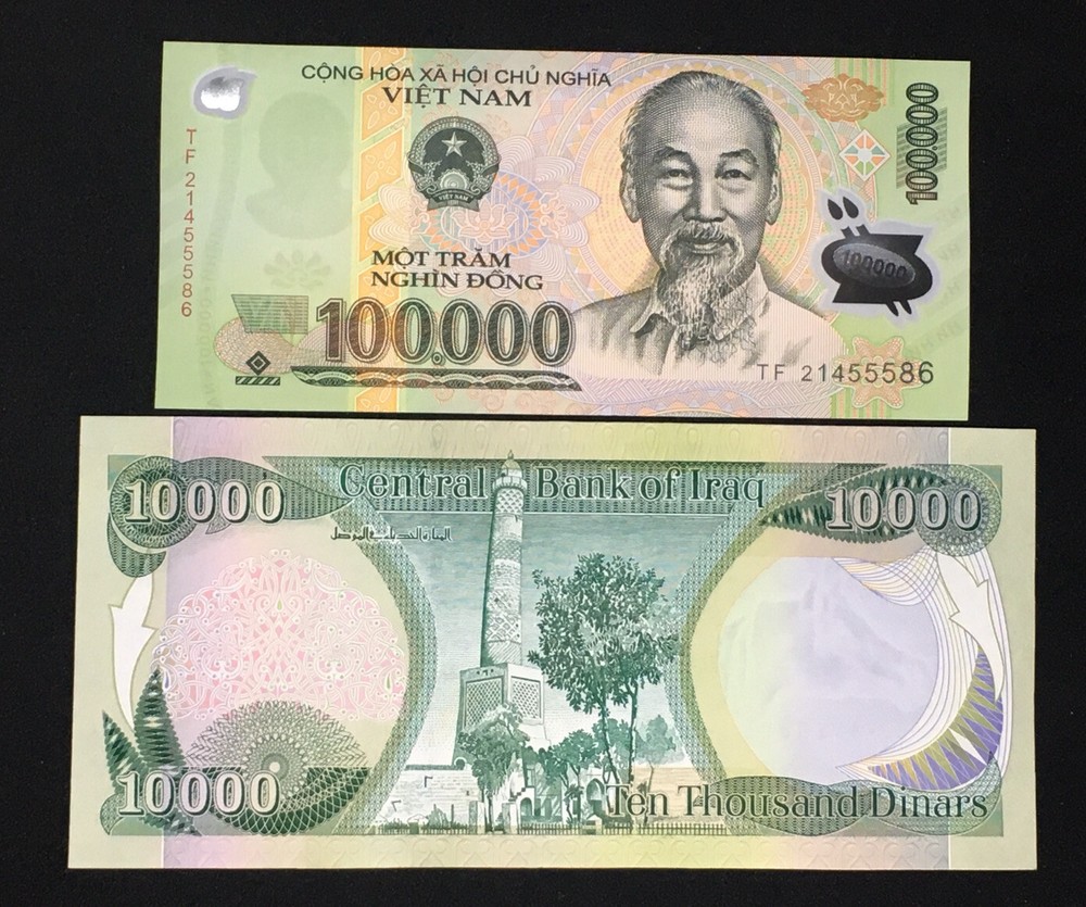 10,000 New Iraqi Dinar + Free 100,000 Vietnam Dong UNC Banknote (1 Ea)