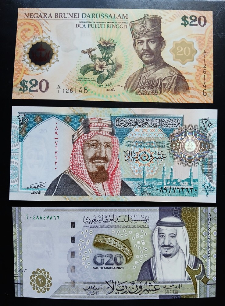 SAUDI ARABIA 20 RIALS 2020,1999 , BRUNEI 20 A/1 2007 UNC Commemorative