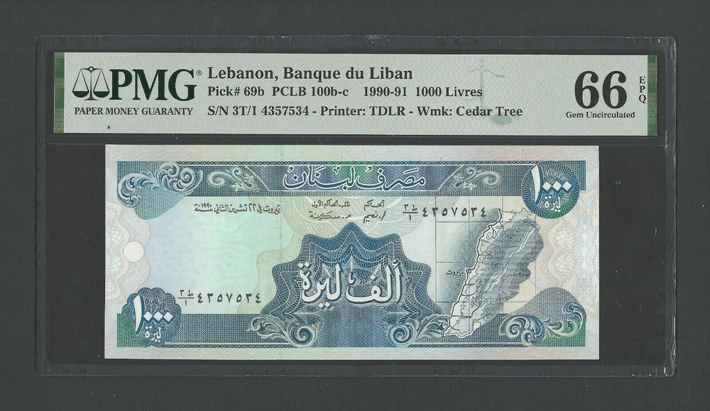 Lebanon 1000 Lira 22-11-1990 P69b “Radar S/N 4357534” Uncirculated Grade 66