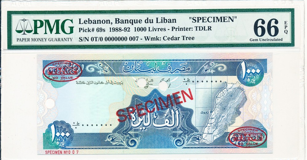 Banque du Liban Lebanon 1000 Livres 1988-92 Specimen PMG 66EPQ