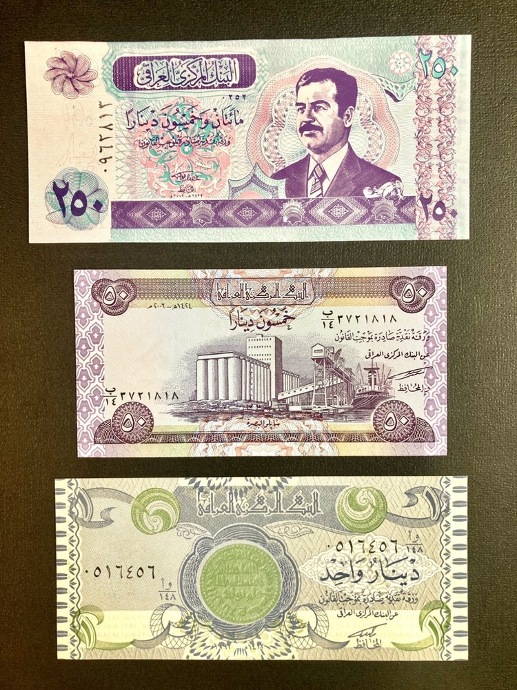Lot of 3 SADDAM HUSSEIN IRAQ IRAQI 250-50-1 DINARS BANKNOTES UNCIRCULATED