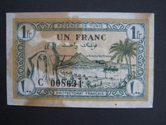 Tunisia 1943 One Franc banknote GF stained C 008634 P#55