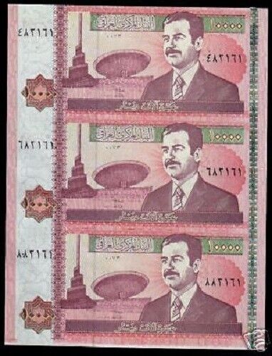 IRAQ Iraqi 10,000 Dinars 10000 2002 P-89 Uncut Sheet of 3 Saddam “Gulf War” UNC