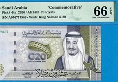 SAUDI COMMEMORATIVE 20 RIYALS-G20-2020-S/N A046717546-P.44a *PMG 66 EPQ GEM UNC*