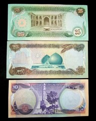 3 Iraq banknotes- 1 x 10 & 25 (1982) 1 x 25 (1986) Dinars – Saddam era currency
