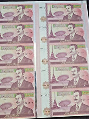 1986-2002 IRAQ 10,000 DINARS SADDAM ERA UNCUT SHEET OF 15 WITH SILVER FOIL