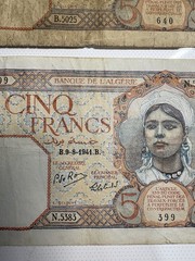 Algeria 5 Francs Banknote 1941 (LOT OF 2) Banque de l’Algérie (Circulated)