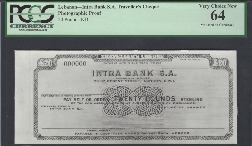 Lebanon -Intra Bank S.A Traveller’s Cheque 20 Pounds 19** Photographic Proof UNC
