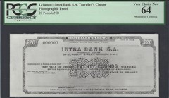 Lebanon -Intra Bank S.A Traveller’s Cheque 20 Pounds 19** Photographic Proof UNC