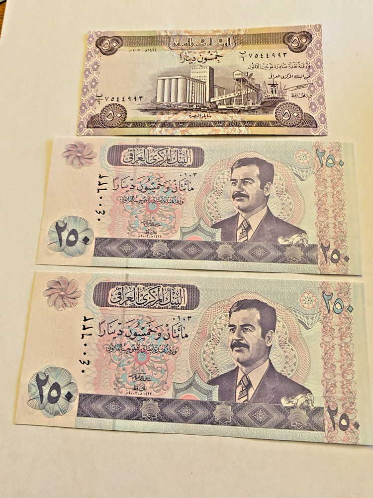 3 Saddam Hussein Era Central Bank of Iraq Paper Currency (2) 250, (1) 50 Dinars