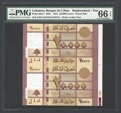 Lebanon Uncut Pair 20000 Lira 2012 P93a*1 Replacement Uncirculated Grade 66