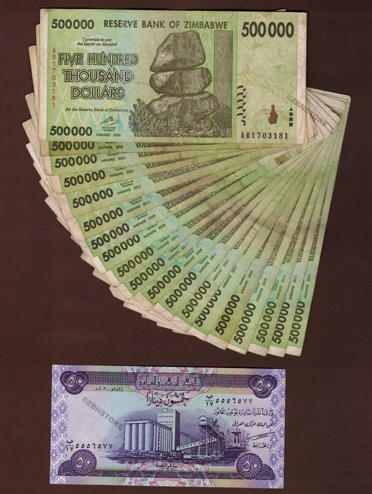 20 x 500,000 Zimbabwe Dollars Banknotes + 1 x 50 Iraq Dinars Authentic w/ COA